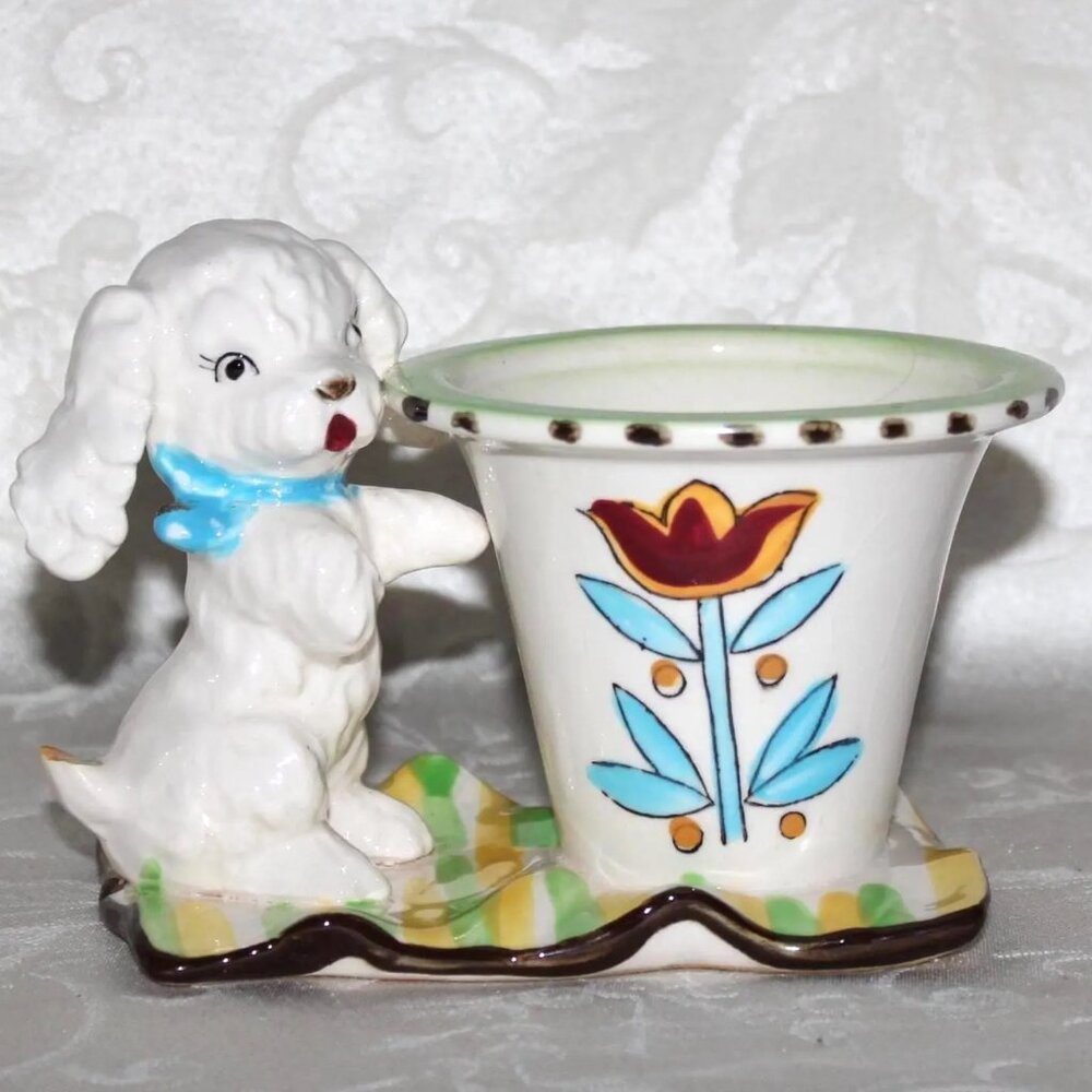 Vintage Poodle Planter | Dog Flower Pot on Striped Carpet